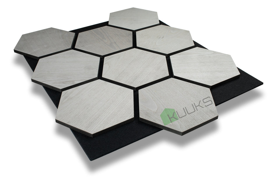 BUY Wooden Acoustic Panel, Hexagon, Grey Ash on Black Felt, 670x580 mm | GREEN FINGER IRELAND