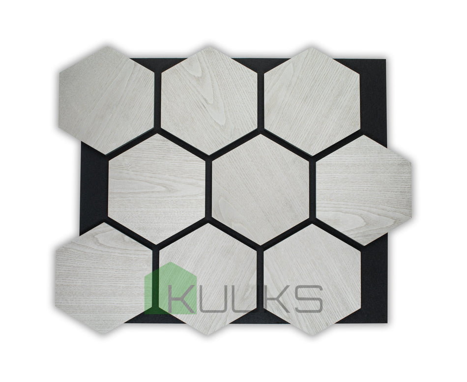 BUY Wooden Acoustic Panel, Hexagon, Grey Ash on Black Felt, 670x580 mm | GREEN FINGER IRELAND