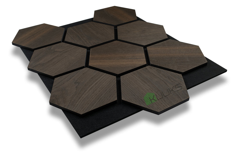 BUY Wooden Acoustic Panel, Hexagon, Smoked Oak on Black Felt, 670x580 mm | GREEN FINGER IRELAND