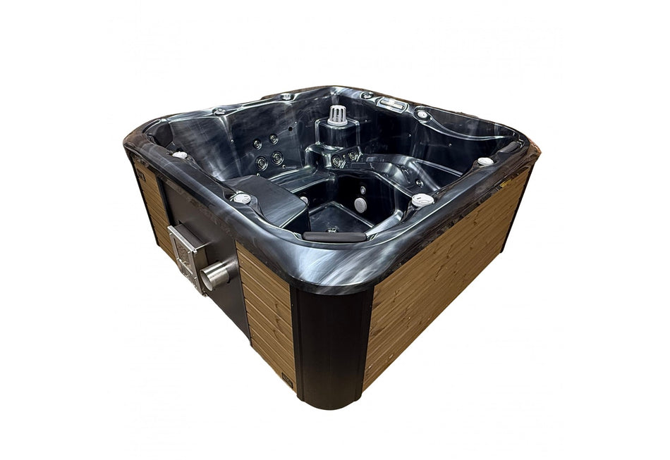 Acrylic square hot tub "RUBY" 225x225cm with integrated wood burner and lying place