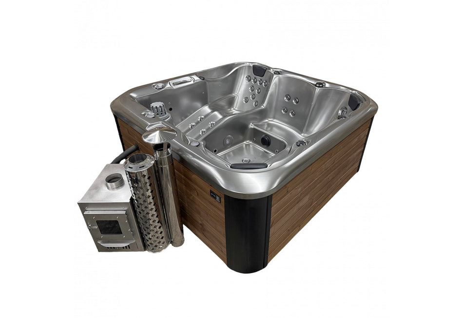Acrylic square hot tub "RUBY" 225x225cm with external wood burner and lying place