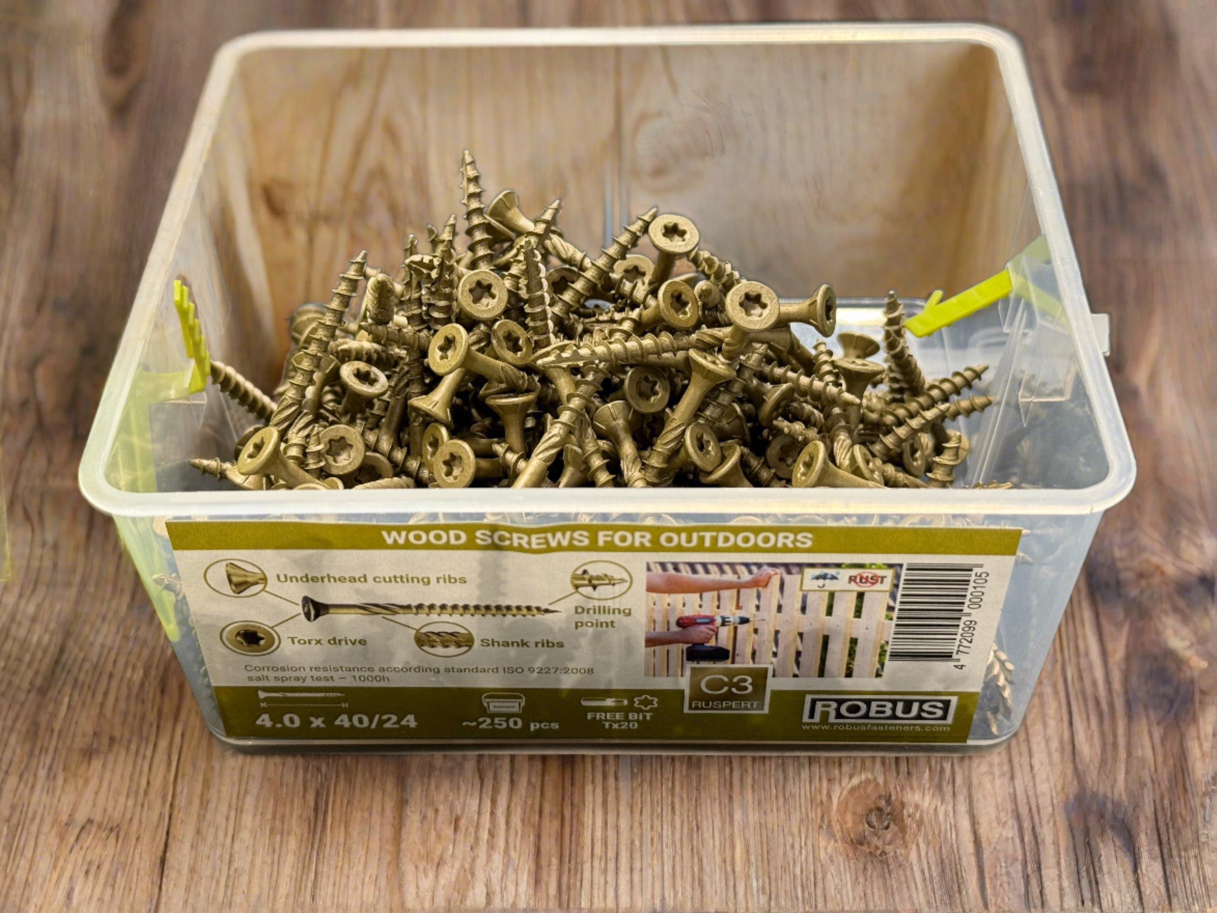 BUY 4x40 mm, Outdoor Wood Screws, Box of 250 pcs, Double Countersunk TX, Anti-Rust C3 | GREEN FINGER IRELAND