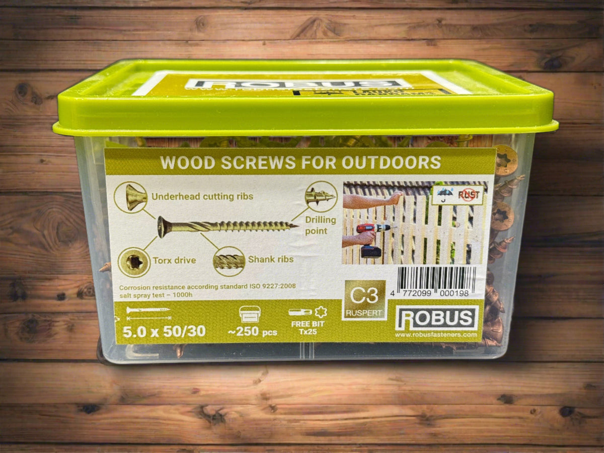 BUY 5x50 mm, Outdoor Wood Screws, Box of 250 pcs, Double Countersunk TX, Anti-Rust C3 | GREEN FINGER IRELAND