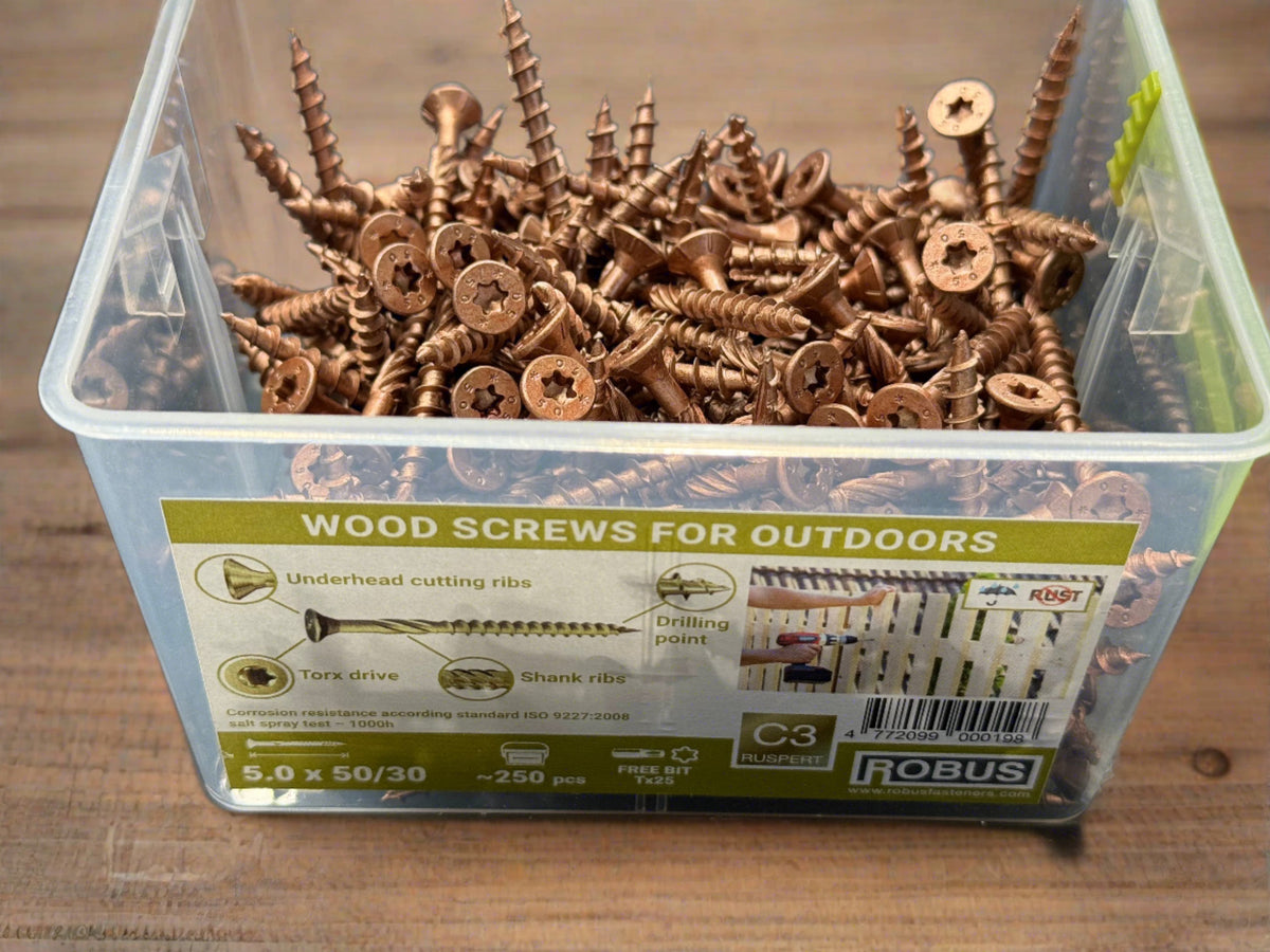 BUY 5x50 mm, Outdoor Wood Screws, Box of 250 pcs, Double Countersunk TX, Anti-Rust C3 | GREEN FINGER IRELAND