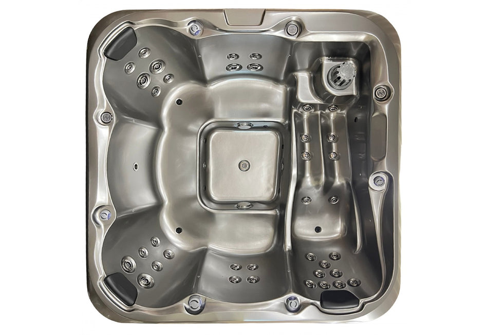Acrylic square hot tub "RUBY" 225x225cm with external wood burner and lying place
