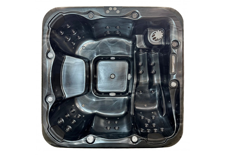 Acrylic square hot tub "RUBY" 225x225cm with integrated wood burner and lying place