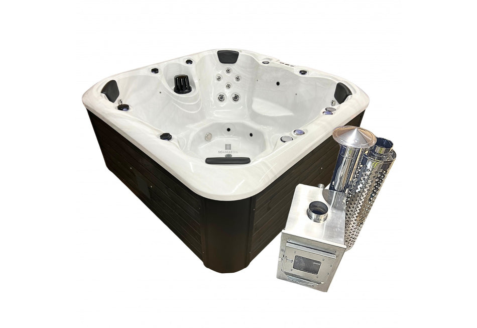 Acrylic, square hot tub "Granite" 205×205cm with external wood burner