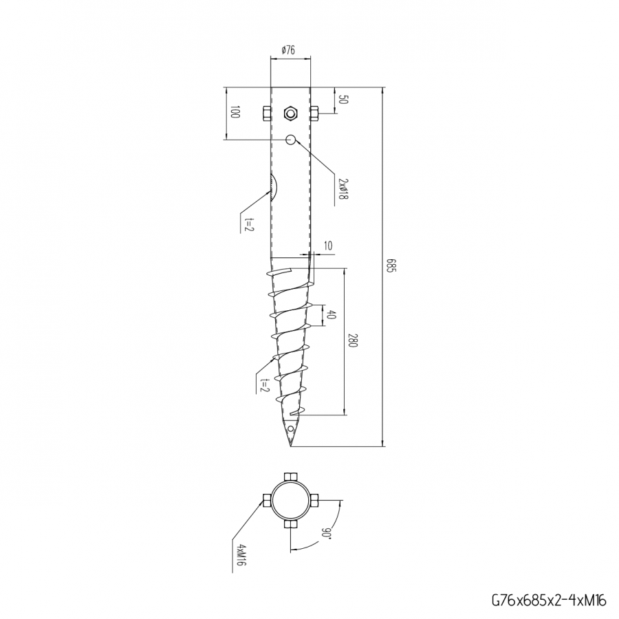 BUY G - Ground Screw, Galvanized, 865x76x2 mm, M16x4 | GREEN FINGER IRELAND | For Sale